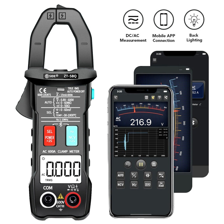 BSIDE  Bluetooth 5.0 6000 Words High Precision Smart AC Clamp Meter, ZT-5BQ, ZT-5BQ+C3140 Clip