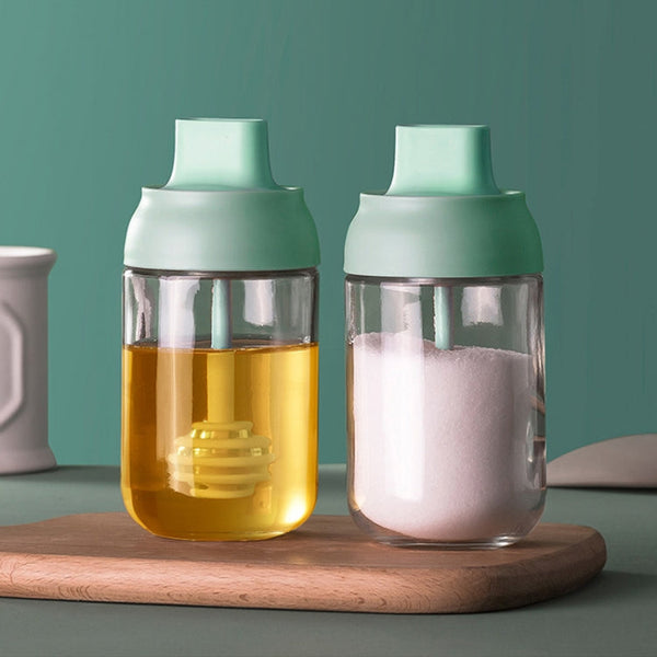 3 PCS Macaron Ribbon Moisture-Proof Lid Spoon One Seasoning Jar Glass Seasoning Bottle with Label, Seasoning Bottle, Honey Bottle, Brush Oil Bottle