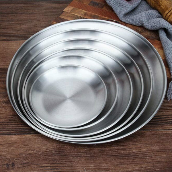 Stainless Steel Thickened Round Plate Cafe Tray Fruit Cake Plate Bone Plate Dish Shallow Plate