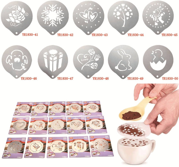 6 PCS Stainless Steel Garland Mold Fancy Coffee Printing Model Coffee Milk Foam Spray Pattern Template Random Style Delivery, 6 PCS