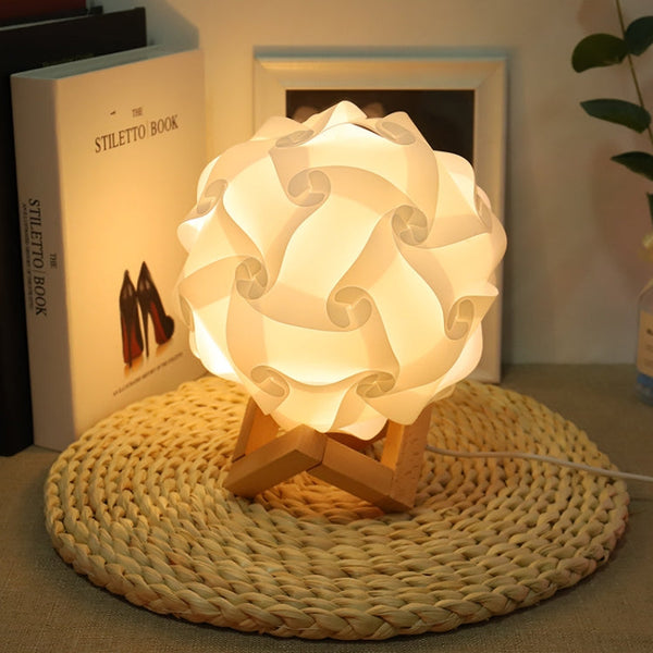 Creative Bedroom Bedside Night Light USB Round Romantic Room Decoration Lamp with Wood Base, DIY Material Kit, Finished Product
