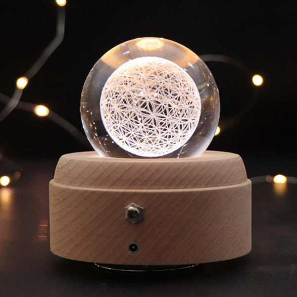 Girl Bedside Lamp Crystal Ball Wooden Base Music Box Charging Glow Rotating Night Light, Random Music