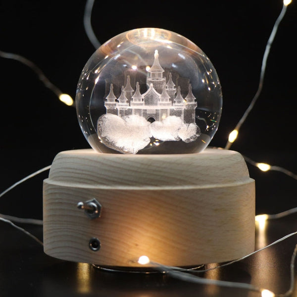 Girl Bedside Lamp Crystal Ball Wooden Base Music Box Charging Glow Rotating Night Light, Random Music
