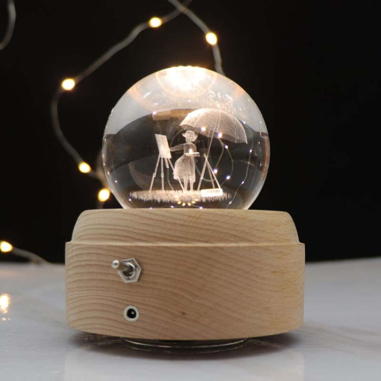 Girl Bedside Lamp Crystal Ball Wooden Base Music Box Charging Glow Rotating Night Light, Random Music
