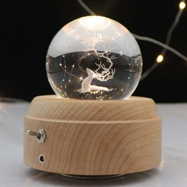 Girl Bedside Lamp Crystal Ball Wooden Base Music Box Charging Glow Rotating Night Light, Random Music