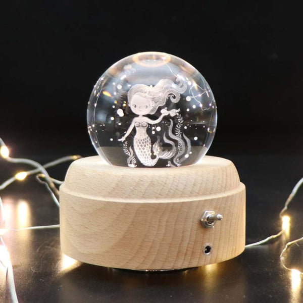 Girl Bedside Lamp Crystal Ball Wooden Base Music Box Charging Glow Rotating Night Light, Random Music