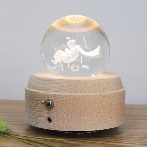 Girl Bedside Lamp Crystal Ball Wooden Base Music Box Charging Glow Rotating Night Light, Random Music