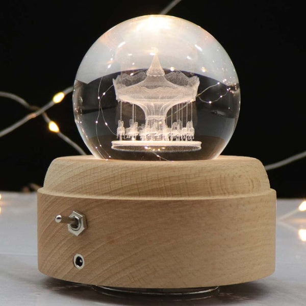 Girl Bedside Lamp Crystal Ball Wooden Base Music Box Charging Glow Rotating Night Light, Random Music