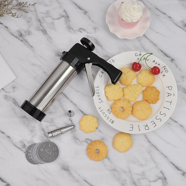 Multi-Function Stainless Steel Piping Gun Set Cookie Biscuits Hand Pressing Biscuit Machine Household DIY Baking Tools, 16 in 1(Silver)