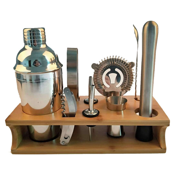 10 in 1 Stainless Steel Shaker Bamboo Stand Set Oblique Mouth Bar Cocktail Bartending Tool