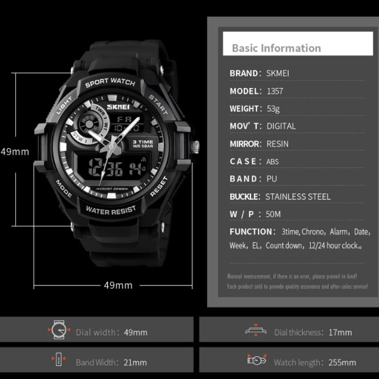 SKMEI 1357 Mens Multifunctional Sports Digital Watch Student Waterproof Watch