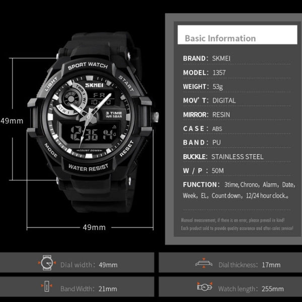 SKMEI 1357 Mens Multifunctional Sports Digital Watch Student Waterproof Watch