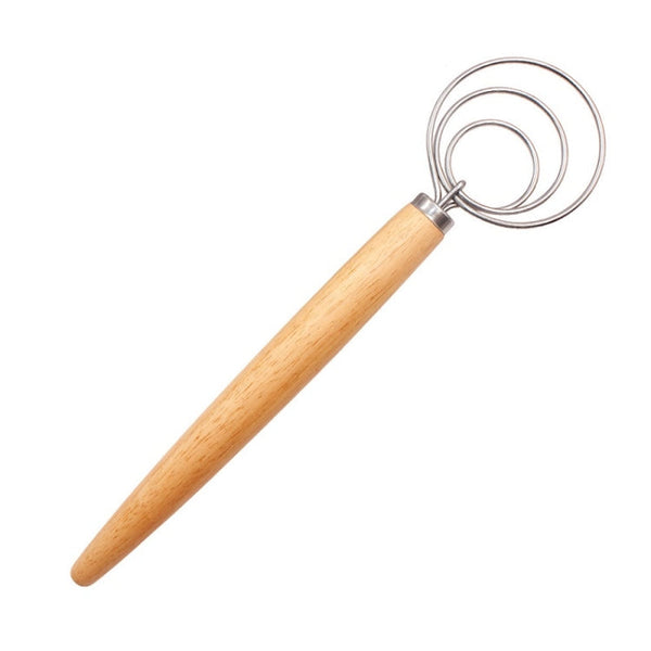 2 PCS 13 Inch Oak Handle Flour Mixer Dough Stainless Steel Mixing Rod Coil Whisk