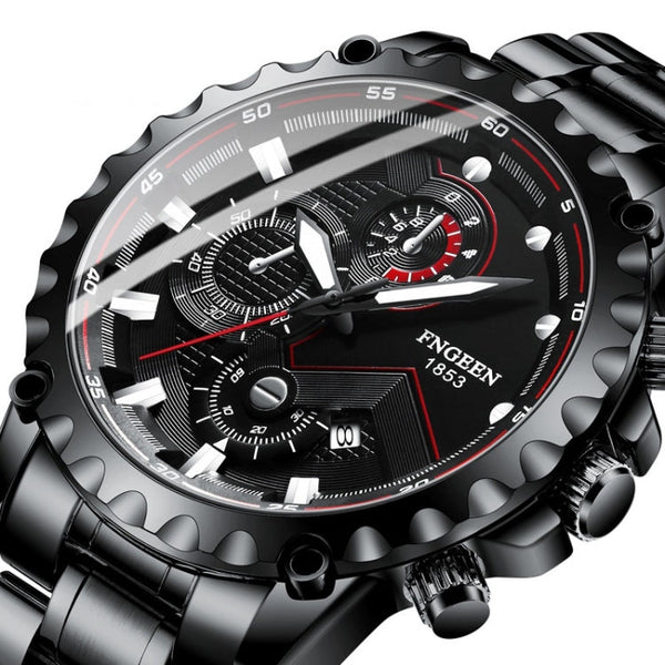 FNGEEN 5055 Men Waterproof Sports Fashion Stainless Steel Watch, Black Steel Black Surface, White Steel Black Surface, White Steel White Surface, Black Leather Black Steel Black Surface, Black Leather White Steel Black Surface��������������������������...