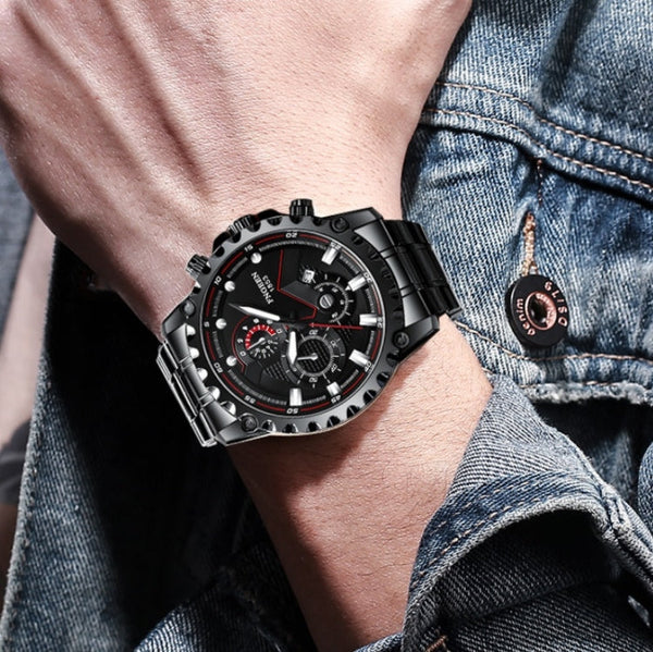 FNGEEN 5055 Men Waterproof Sports Fashion Stainless Steel Watch, Black Steel Black Surface, White Steel Black Surface, White Steel White Surface, Black Leather Black Steel Black Surface, Black Leather White Steel Black Surface��������������������������...