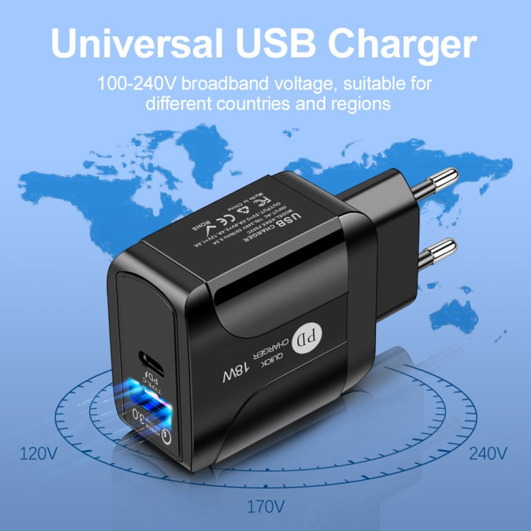 18W PD + QC 3.0 Fast Charge Travel Charger Power Adapter With LED Indication Function, EU Plug Black, US Plug Black, UK Plug Black, EU Plug White, US Plug White, UK Plug White
