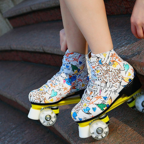 Adult Children Graffiti Roller Skates Shoes Double Row Four-Wheel Roller Skates Shoes
