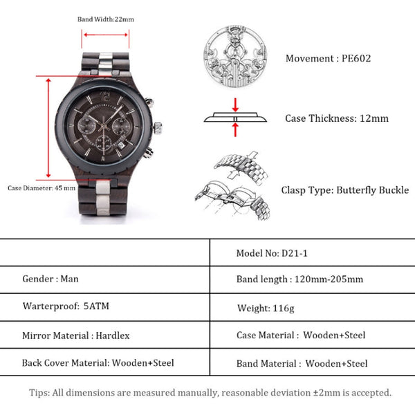 D21 Men Wooden Strap Stainless Steel Luminous Waterproof Watch
