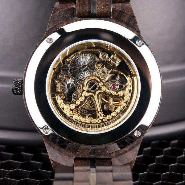 Hollow Dial Wooden Strap Men Mechanical Watch