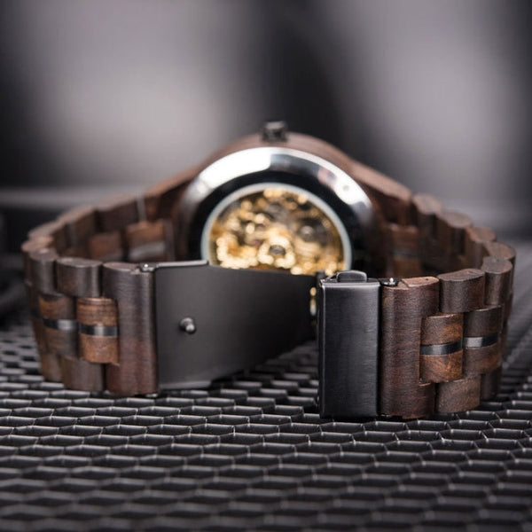 Hollow Dial Wooden Strap Men Mechanical Watch