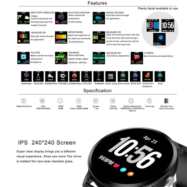 V11 Smartwatch Real-time Heart Rate Blood Pressure Monitor Multi-sport mode Breathing Light Smart Watch for Android IOS Phone