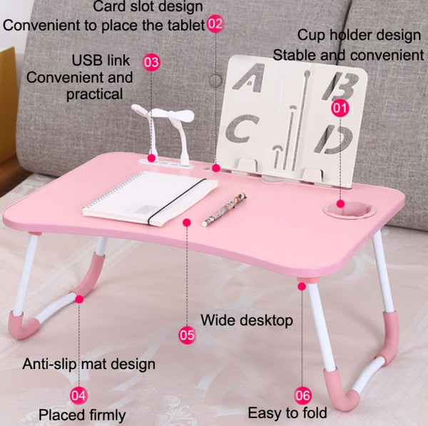 USB Folding Computer Desk With Fan & Lamp, Size: 60x40x28cm, Cool Black, Teenage Pink, Sky Blue, White Maple, Walnut, Eye Grotection Green