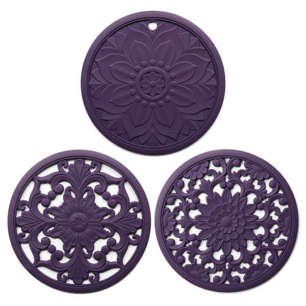 3 in 1 Hollow Flower Silicone Heat Insulation Pad Anti-Scalding Pot Bowl Pad Set, Black, Yellow, Blue, Green, Purple, Gray