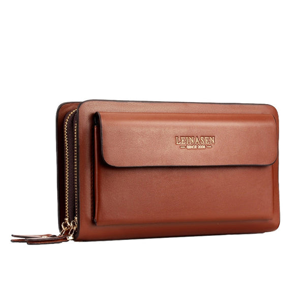 LEINASEN A82 Handbag Men Business Clips Long Big Capacity Casual Multi-Card Zipper, Black, Brown