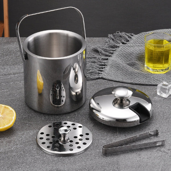 304 Stainless Steel Ice Bucket Double-Layer Hollow Bar Beer Wine Barrel With Ice Clip, Capacity: 1.3L, 1.3L With Ice Clip