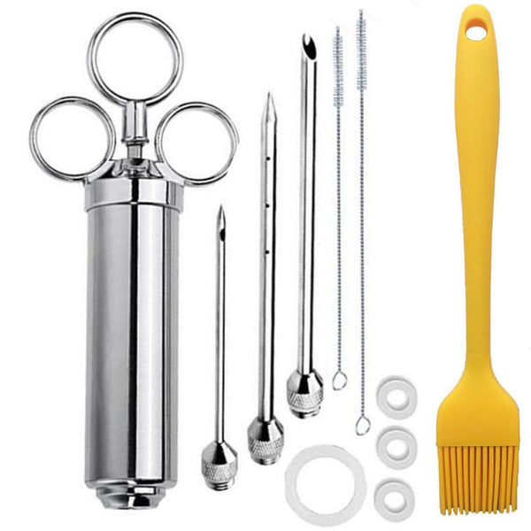 Stainless Steel Seasoning Steak Syringe Turkey Needle Set With Cleaning Silicone Brush