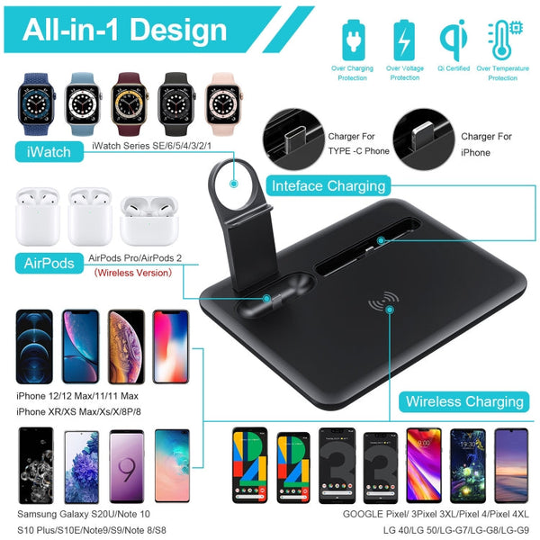 HQ-UD17 4 in 1 Wireless Charger Phone Holder Charging Base for iPhone, iWatch, AirPods and Other Android Phones, HQ-UD17