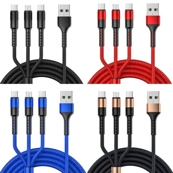 3 in 1 USB to Dual Type-C + Micro USB Quick Charging Sync Data Cable, Output: