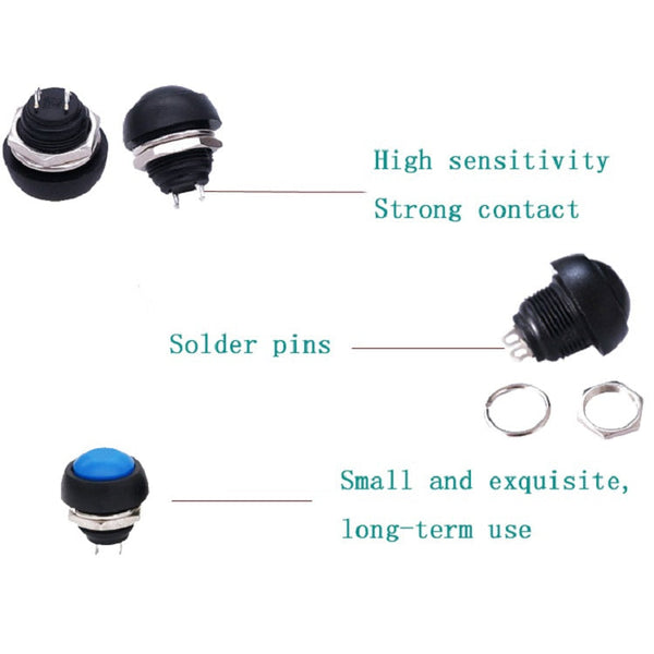 10 PCS Small Waterproof Self-Reset Button Switch, Black, Green, Red, Orange, White, Blue