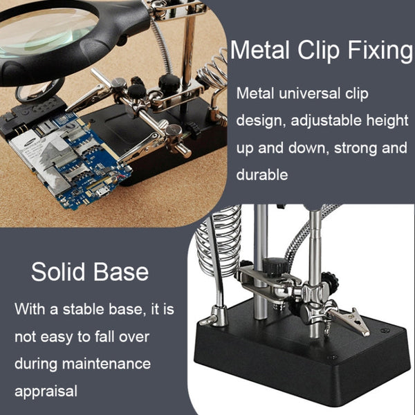 16129-C 2.5X/7.5X/10X LED Lighting Auxiliary Bracket Maintenance Magnifier, EU Plug, US Plug
