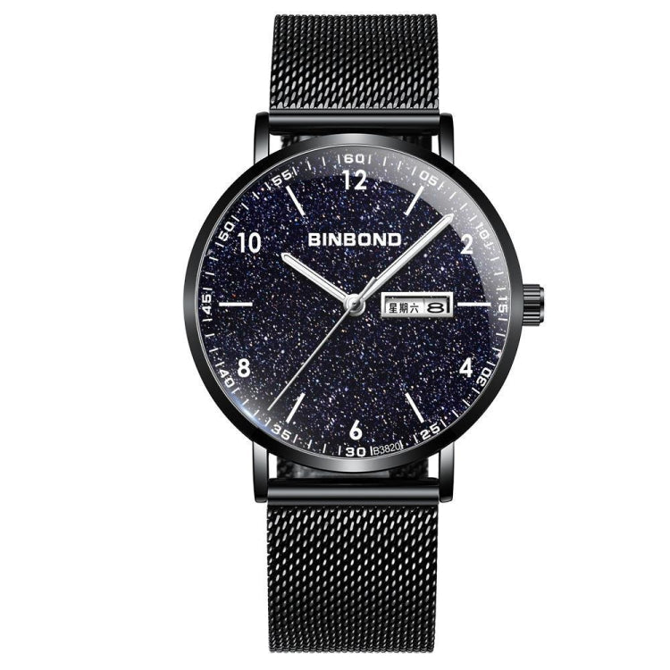 BINBOND B3820 30M Waterproof Ultra-thin Quartz Luminous Starry Watch, Black Net-Black-Starry