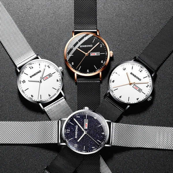 BINBOND B3820 30M Waterproof Ultra-thin Quartz Luminous Starry Watch, Black Net-Black-Starry