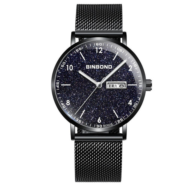 BINBOND B3820 30M Waterproof Ultra-thin Quartz Luminous Starry Watch, Black Net-Black-Starry