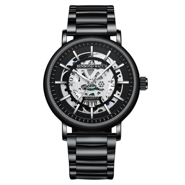 BINBOND B7872 Multifunctional Hollow Luminous Waterproof Quartz Watch, Black Steel-Black-White, Black Leather-Black-Black, Black Leather-White-Black