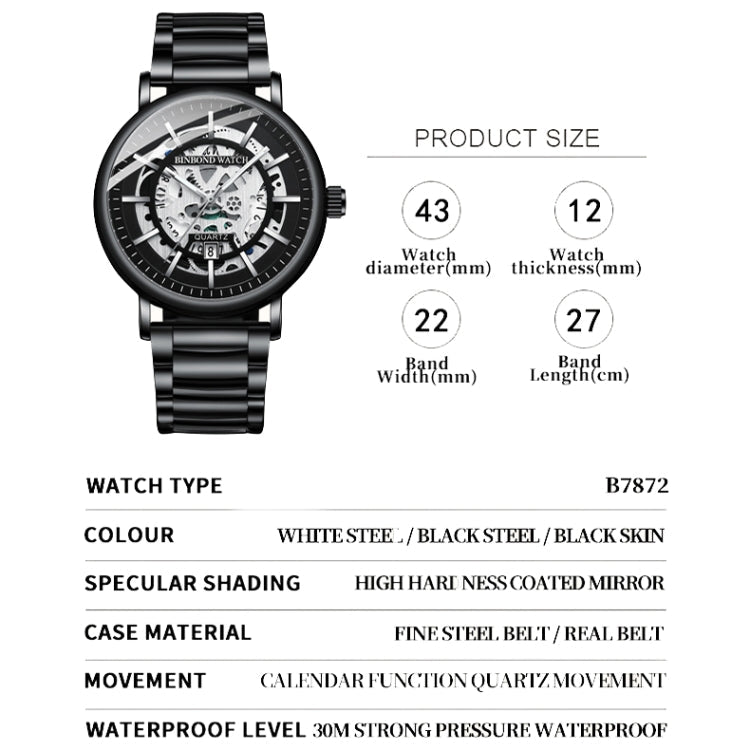 BINBOND B7872 Multifunctional Hollow Luminous Waterproof Quartz Watch, Black Steel-Black-White, Black Leather-Black-Black, Black Leather-White-Black