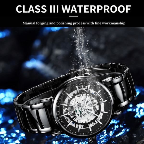 BINBOND B7872 Multifunctional Hollow Luminous Waterproof Quartz Watch, Black Steel-Black-White, Black Leather-Black-Black, Black Leather-White-Black