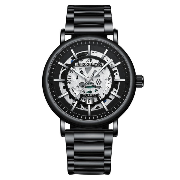 BINBOND B7872 Multifunctional Hollow Luminous Waterproof Quartz Watch, Black Steel-Black-White, Black Leather-Black-Black, Black Leather-White-Black