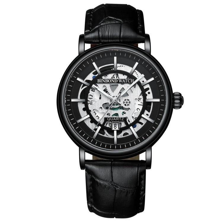 BINBOND B7872 Multifunctional Hollow Luminous Waterproof Quartz Watch, Black Steel-Black-White, Black Leather-Black-Black, Black Leather-White-Black