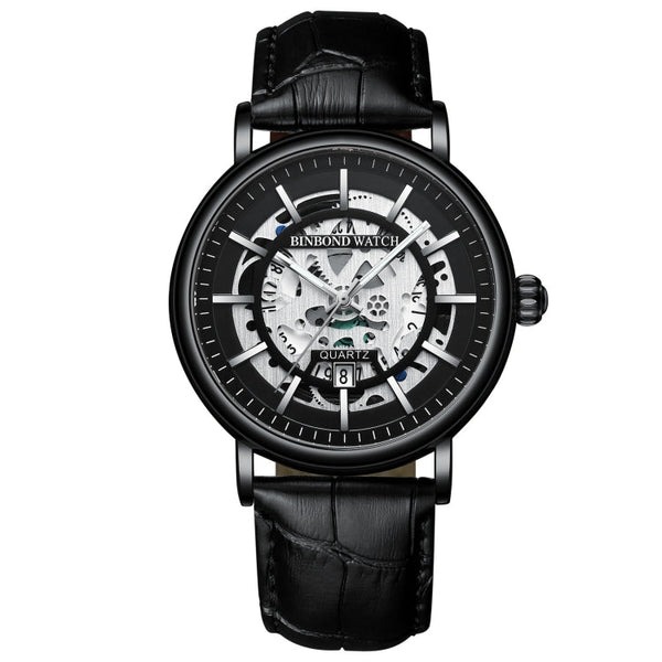 BINBOND B7872 Multifunctional Hollow Luminous Waterproof Quartz Watch, Black Steel-Black-White, Black Leather-Black-Black, Black Leather-White-Black