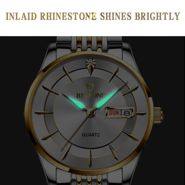 BINBOND B2077 30M Waterproof Quartz Luminous Watch Butterfly Buckle Men's Steel Belt Watch