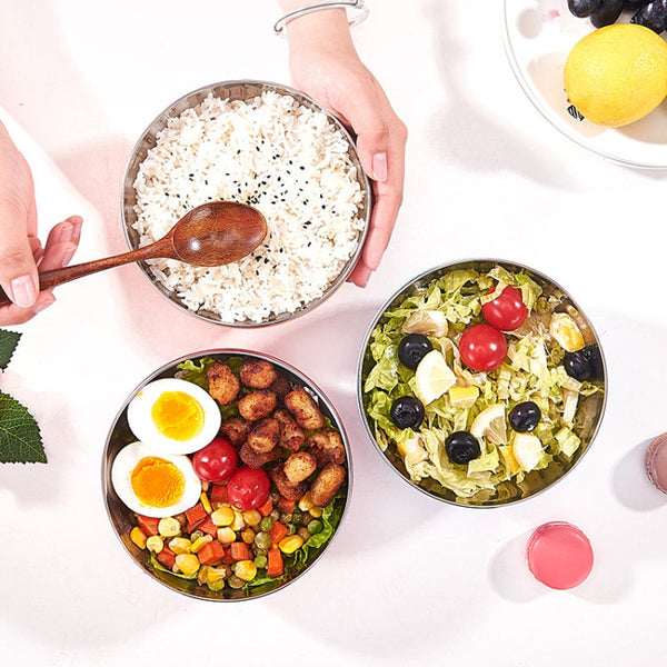 Double-Layer Stainless Steel Bowl With Lid Children Dinner Insulated Rice Bowl, 6pcs /Set 13cm, 6pcs /Set 15cm, 6pcs /Set 17cm