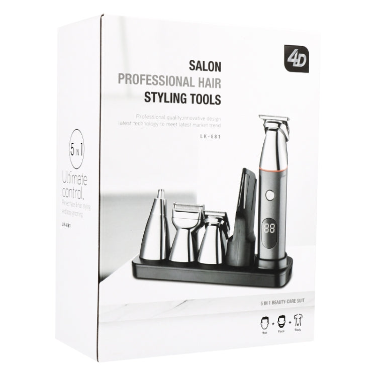 5 In 1 Haircut Digital Display Water Washing Shaver Nose Hair Electric Push Shear Set, LK-881 5 In 1 (Silver)