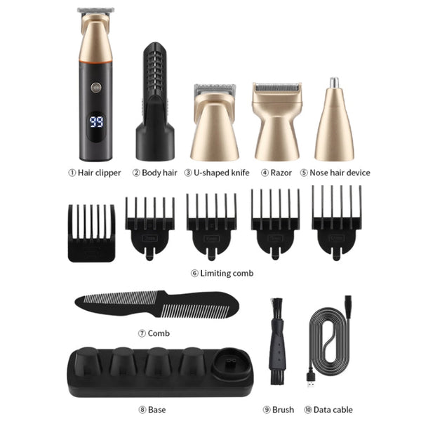 5 In 1 Haircut Digital Display Water Washing Shaver Nose Hair Electric Push Shear Set, LK-881 5 In 1 (Silver)