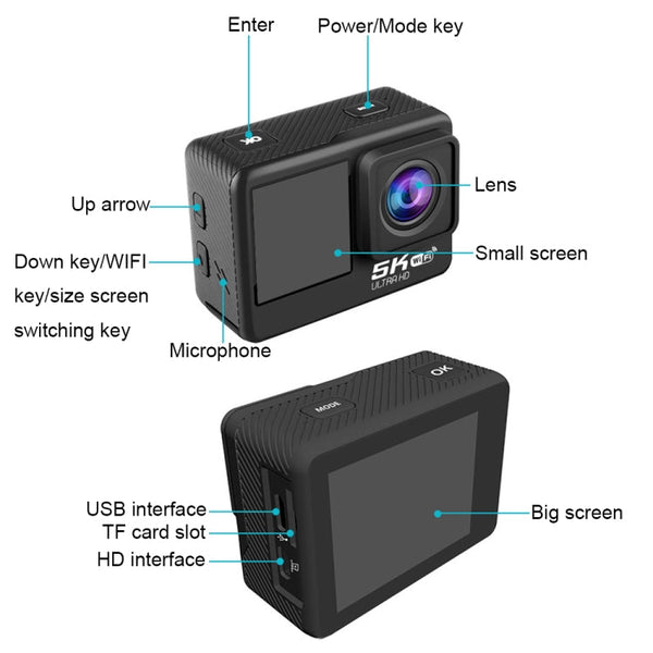 5K/30FPS WIFI HD Anti-Shake Remote Touch Dual-Screen IP68 Waterproof Sports Camera