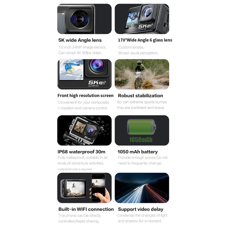 5K/30FPS WIFI HD Anti-Shake Remote Touch Dual-Screen IP68 Waterproof Sports Camera