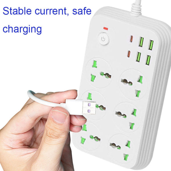 T24 2m 3000W 6 Plugs + PD + 4-USB Ports Multifunctional Flame-Retardant Socket With Switch, UK Plug, US Plug